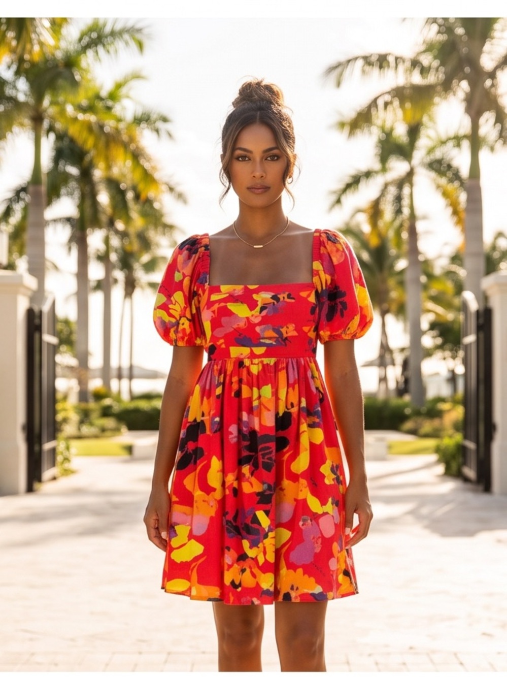 Mulla Floral Red Puff-Sleeve Square Neck Mini Dress size small - Picture 3 of 6